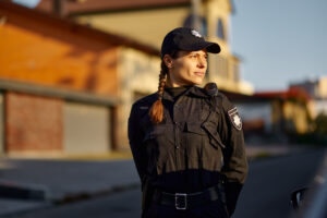 Portrait of young woman police officer with walkie-talkie in uniform outdoors looking side